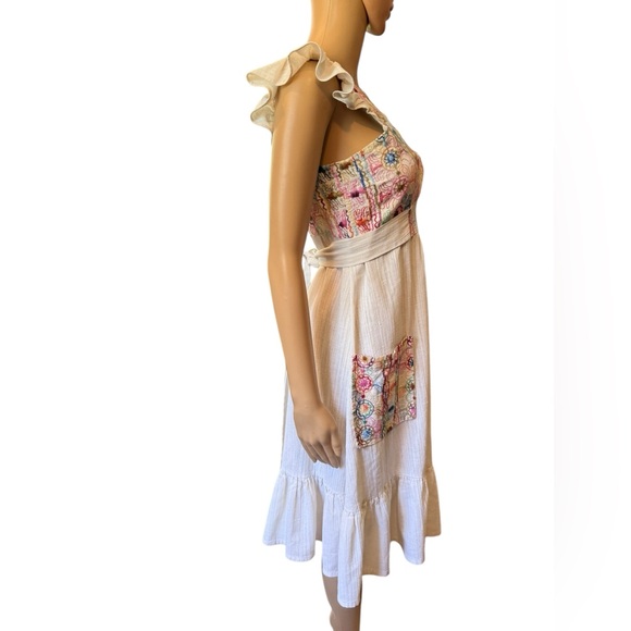 Leiter’s Vintage 70s Hand Embroidered Boho Fish Print Hippie Ruffle Mini Dress - Picture 5 of 8